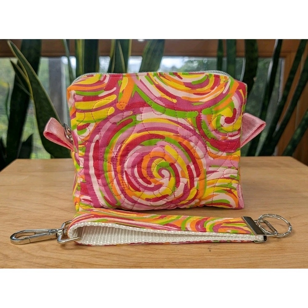 Embroidered MAKEUP Cosmetic Toiletry Pink Tye Dye Swirl + Matching Key Fob SET
